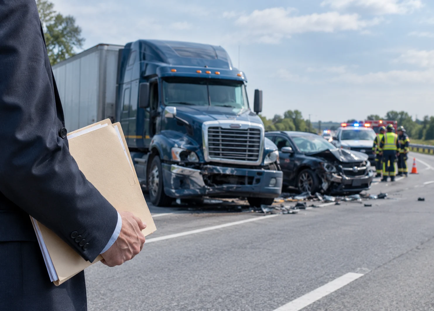 Commercial truck accident on a highway representing legal challenges, liability, and insurance claims for victims.